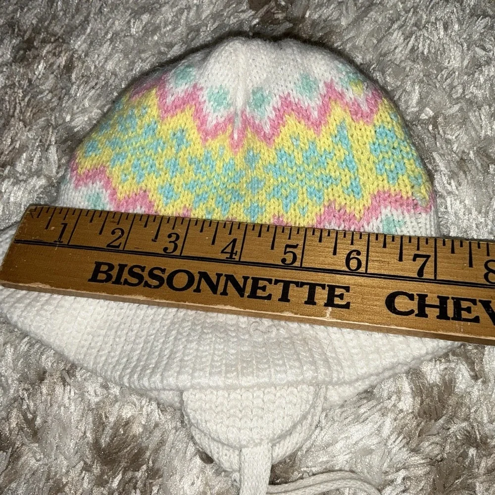 Vintage 80s Baby Kids Toddler Girls Hat Winter Pastel White Pink Yellow Knit